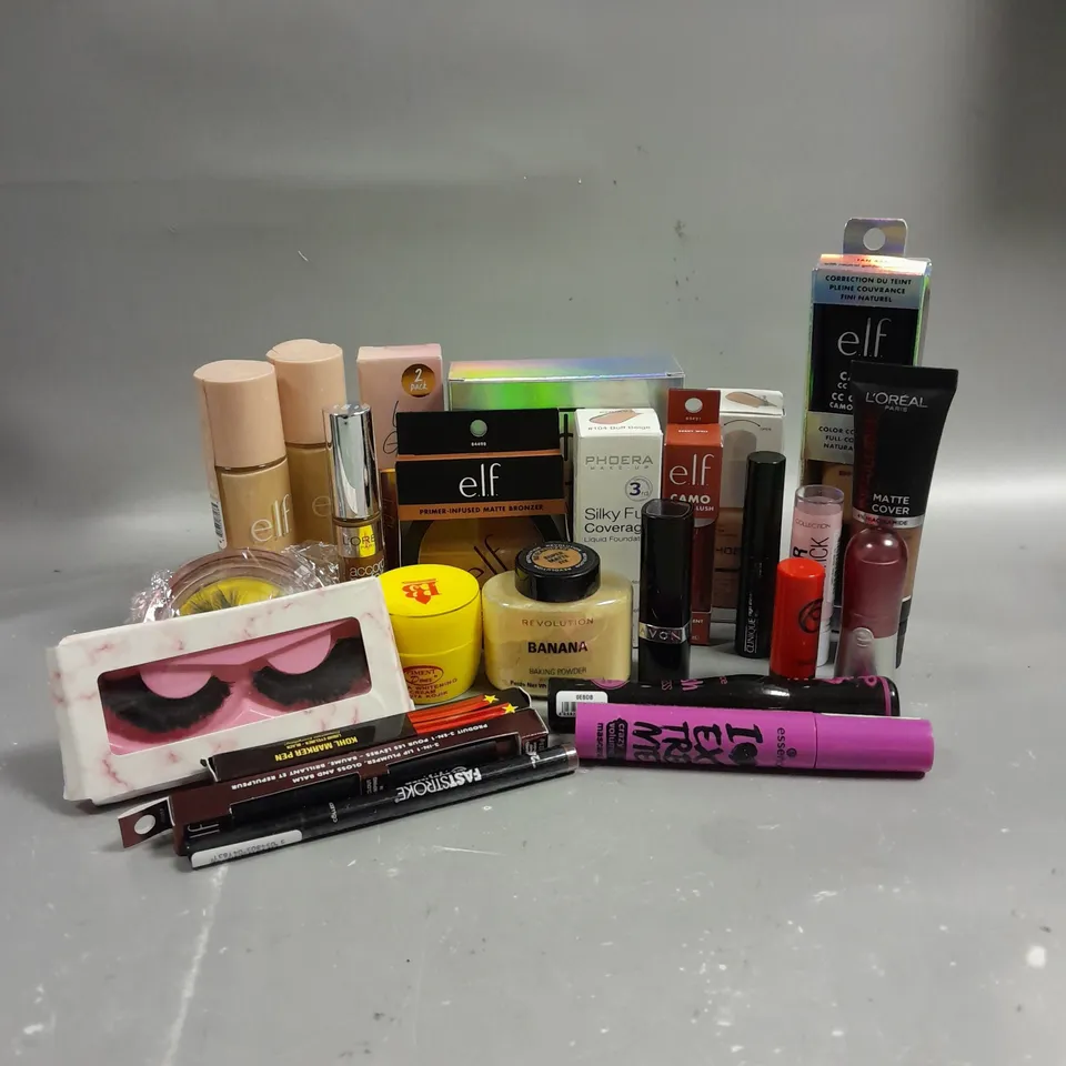 LOT OF 25 ASSORTED HEALTH AND BEAUTY ITEMS TO INCLUDE ELF HALO GLOW LIQUID FILTER IN FAIR (31.5ML), CLINIQUE HIGH IMPACT MASCARA IN BLACK (3.5ML), LOREAL INFAILLIBLE 32HR MATTE COVER IN 350 (30ML), ET