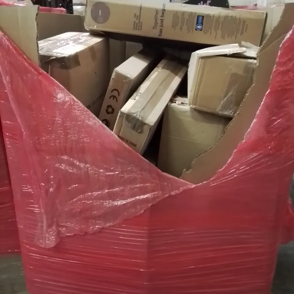 PALLET CONTAINING VARIOUS ASSORTED BOXED HOUSEHOLD ITEMS TO INCLUDE: BABY CARRIER,CAMERA DANCE MAT, AND LOTS MORE UNMARKED BOXED ITEMS 