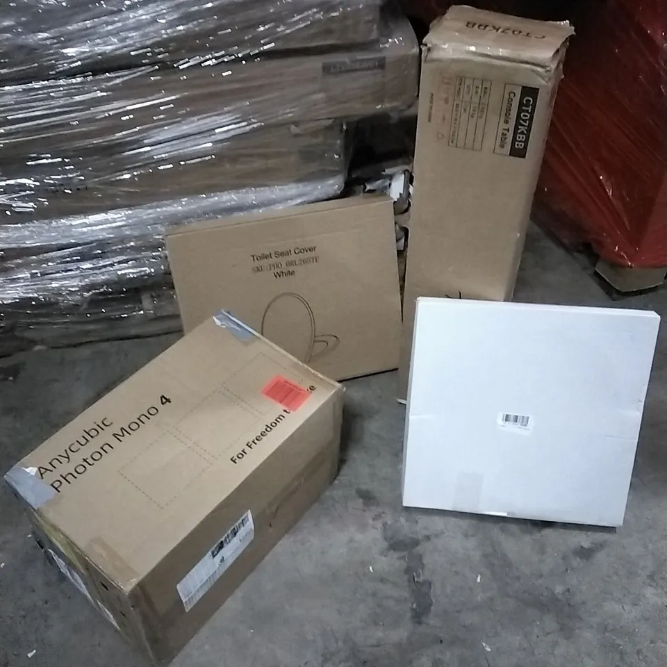PALLET OF HOUSEHOLD ITEMS TO INCLUDE ANYCUBIC PHOTON MONO 4, TOILET SEAT COVER, CONSOLE TABLE  AND OTHER ASSORTED ITEMS...
