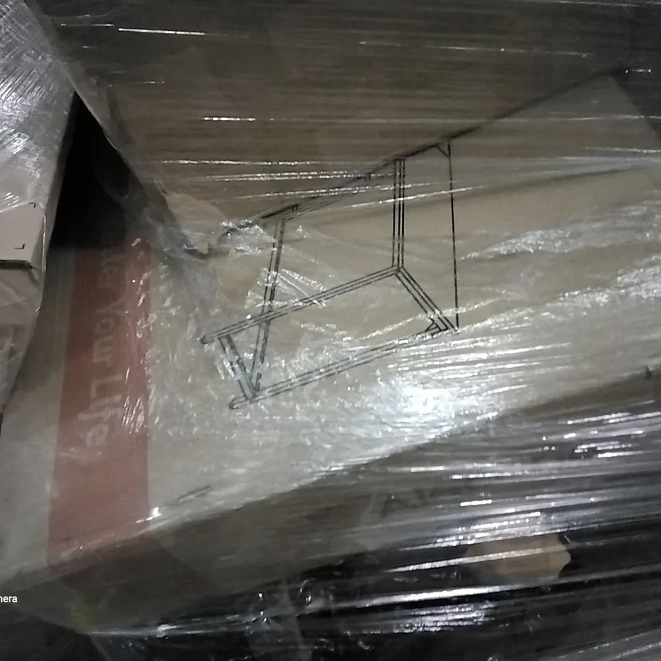 PALLET OF ASSORTED ITEMS INCLUDING PINE SINGLE BED, SLEEP MATTRESS, ALECONO DESK, COMPACT CANOPY