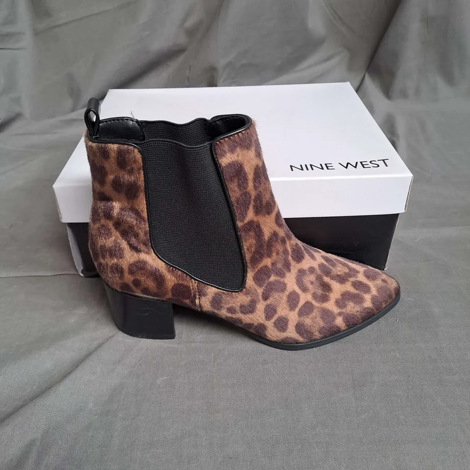BOXED PAIR OF NINE WEST SYNTHETIC ANKLE BOOTS IN LEOPARD SIZE EU 35