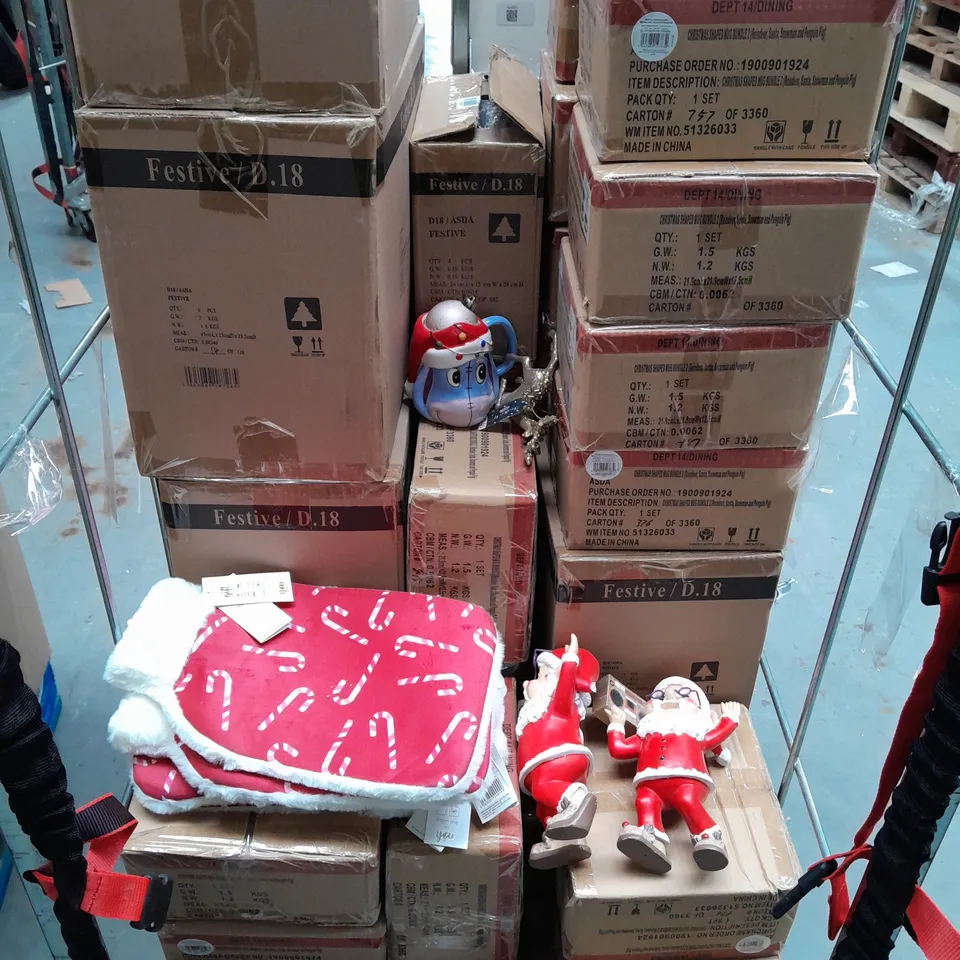 LARGE ASSORTMENT OF FESTIVE HOUSEHOLD AND DECORATIVE ITEMS TO INCLUDE SANTA MUSIC GNOME, SANTA DECORATION, SKIERS GLASS CAPPUCCINO MUG, ETC - COLLECTION ONLY