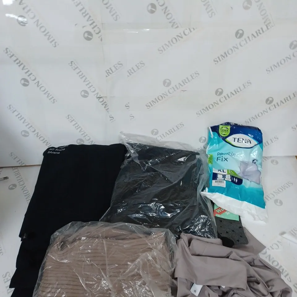 LARGE BOX OF ASSORTED CLOTHING ITEMS IN VARIOUS COLOURS AND SIZES INCLUDING TROUSERS , TOPS AND JUMPERS 