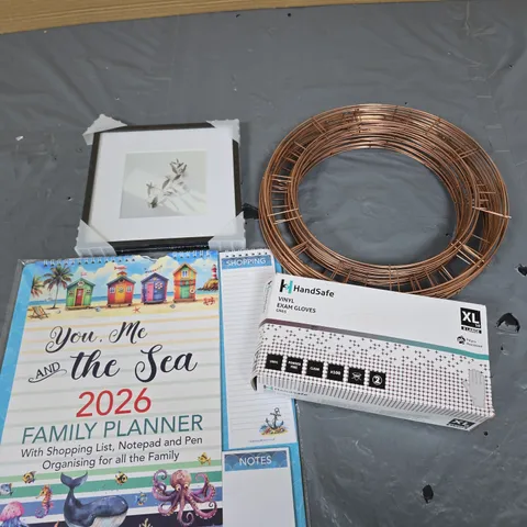 APPROXIMATELY 15 ASSORTED HOUSEHOLD PRODUCTS TO INCLUDE PICTURE FRAME, VINYL GLOVES, FAMILY PLANNER ETC