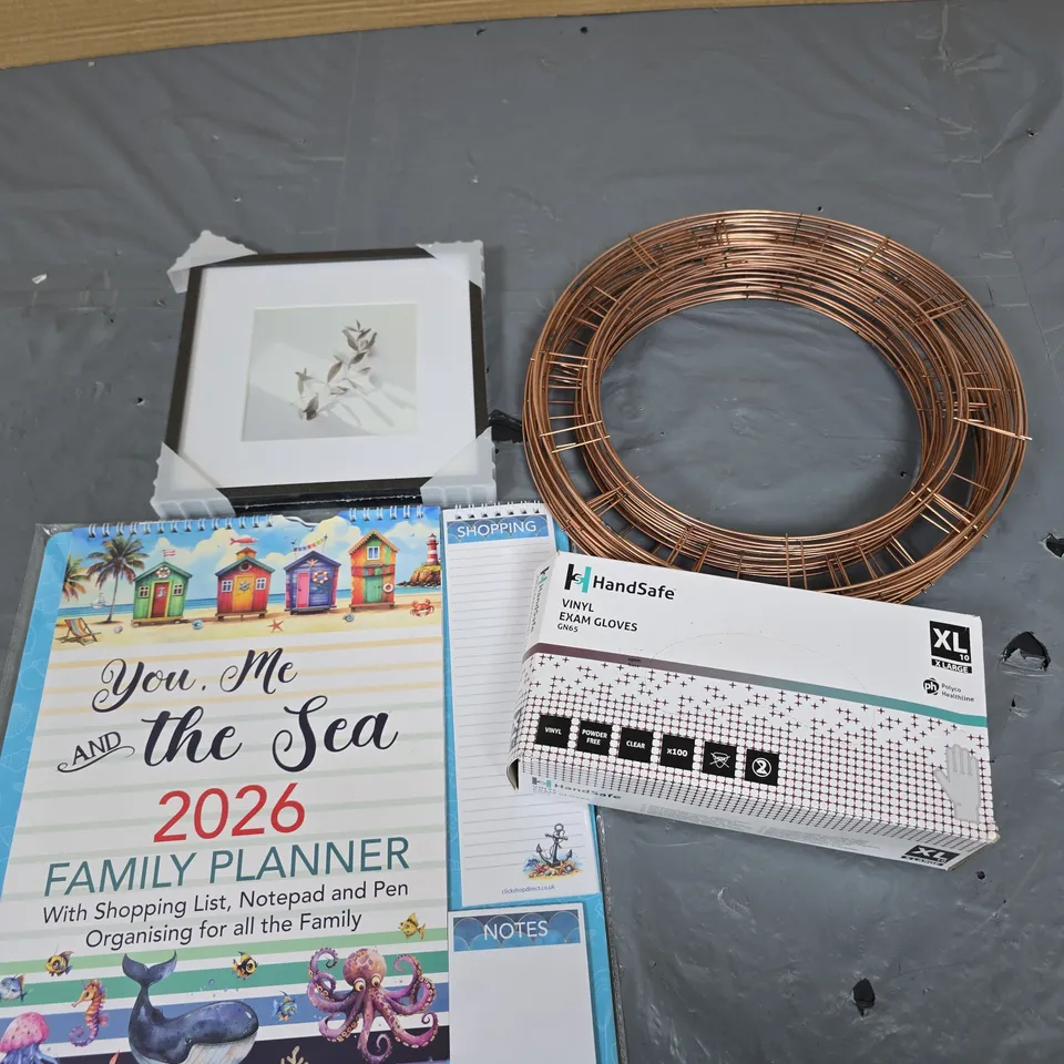APPROXIMATELY 15 ASSORTED HOUSEHOLD PRODUCTS TO INCLUDE PICTURE FRAME, VINYL GLOVES, FAMILY PLANNER ETC