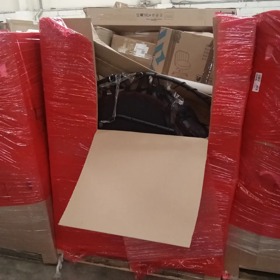 PALLET OF ASSORTED HOUSEHOLD GOODS AND PRODUCTS TO INCLUDE; TRAMPOLINE, OFFICE CHAIR, BOXED FURNITURE ETC