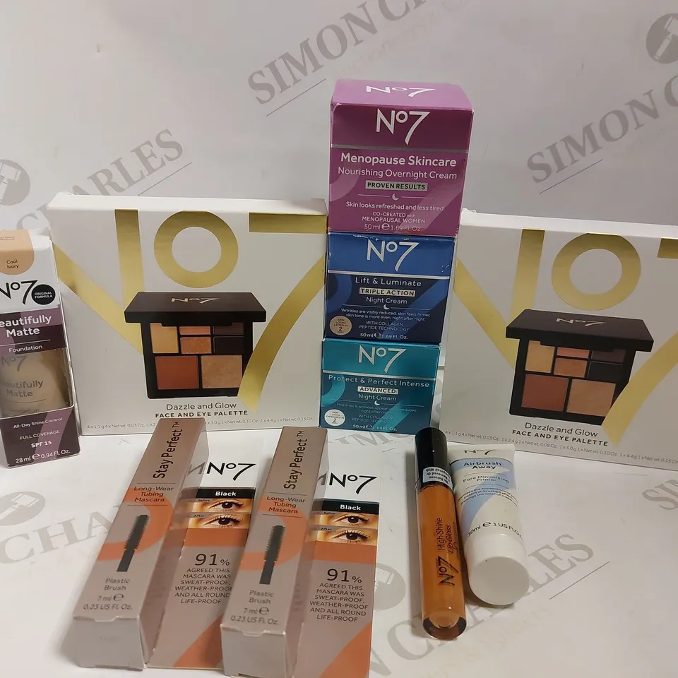 BOX OF APPROX 10 NO.7 ITEMS TO INCLUDE MENOPAUSE OVERNIGHT CREAM, LIFT & LUMINATE NIGHT CREAM AND PROTECT AND PERFECT NIGHT CREAM