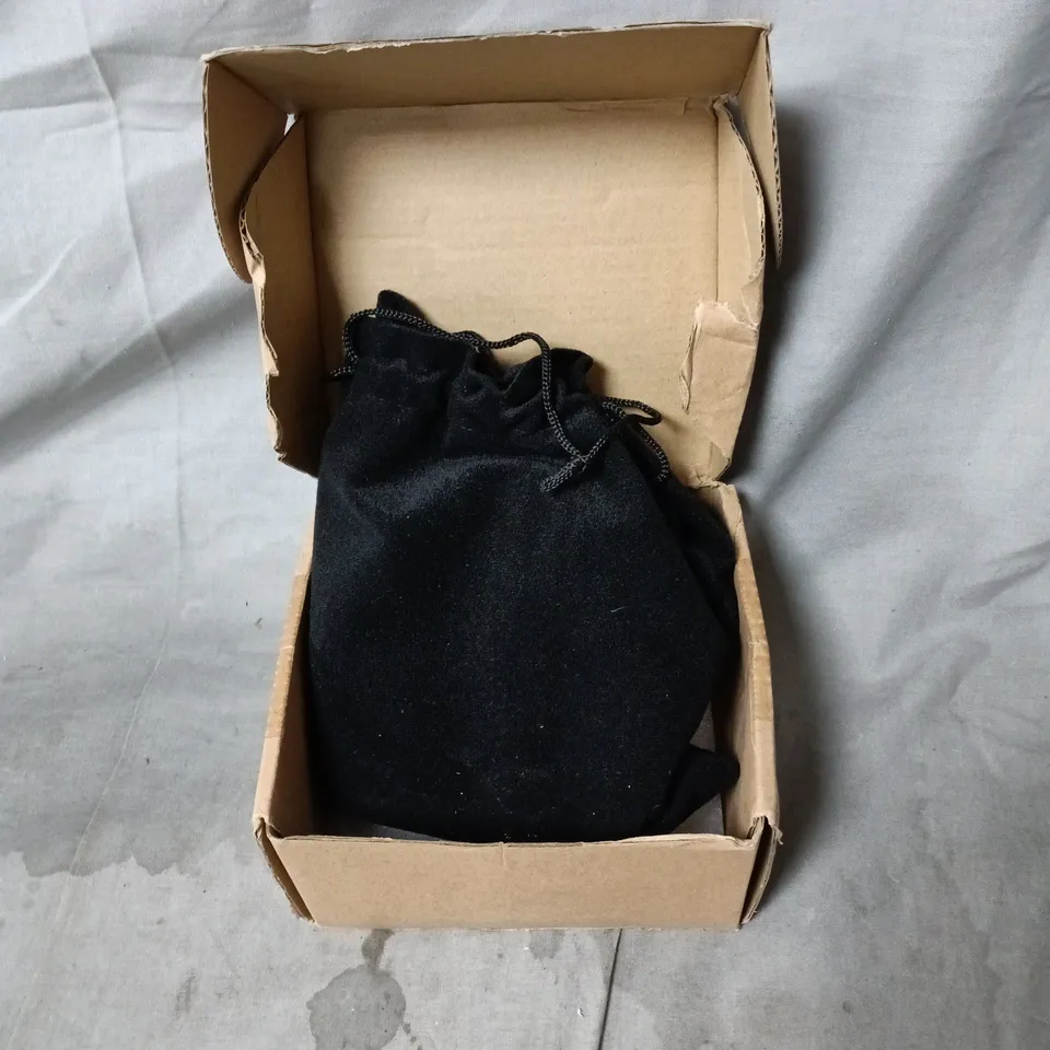 FLY FISHING REEL WITH PERFORATED SPOOL AND WOODEN KNOB HANDLES IN BLACK POUCH