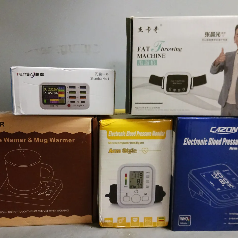 APPROXIMATELY 8 ASSORTED ITEMS TO INCLUDE - BLOOD PRESSURE MONITOR , CANDLE WARMER & MUG WARMER , FAT THROWING MACHINE ETC