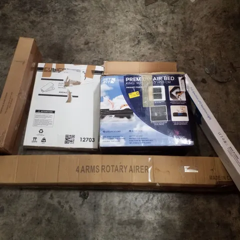 PALLET CONTAINING ASSORTED PRODUCTS INCLUDING TOILET SEAT, 4 ARMS ROTARY AIRER, KING AIR BED, LED AQUARIUM LIGHT & VERTICAL BIKE STAND