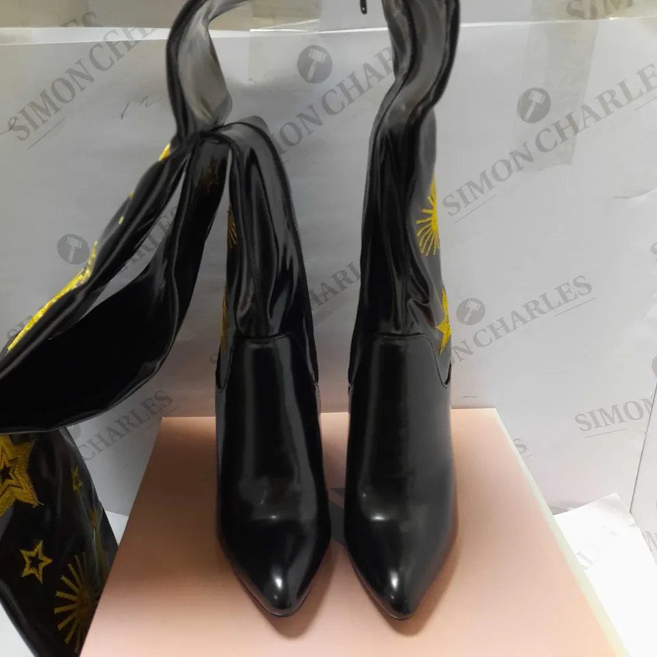 KOI ASTRID STAR AND MOON LONG HEELED BOOTS, BLACK - SIZE 3
