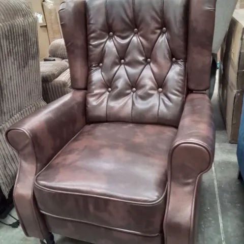 QUALITY DESIGNER BROWN LEATHER BUTTON BACK ARM CHAIR 