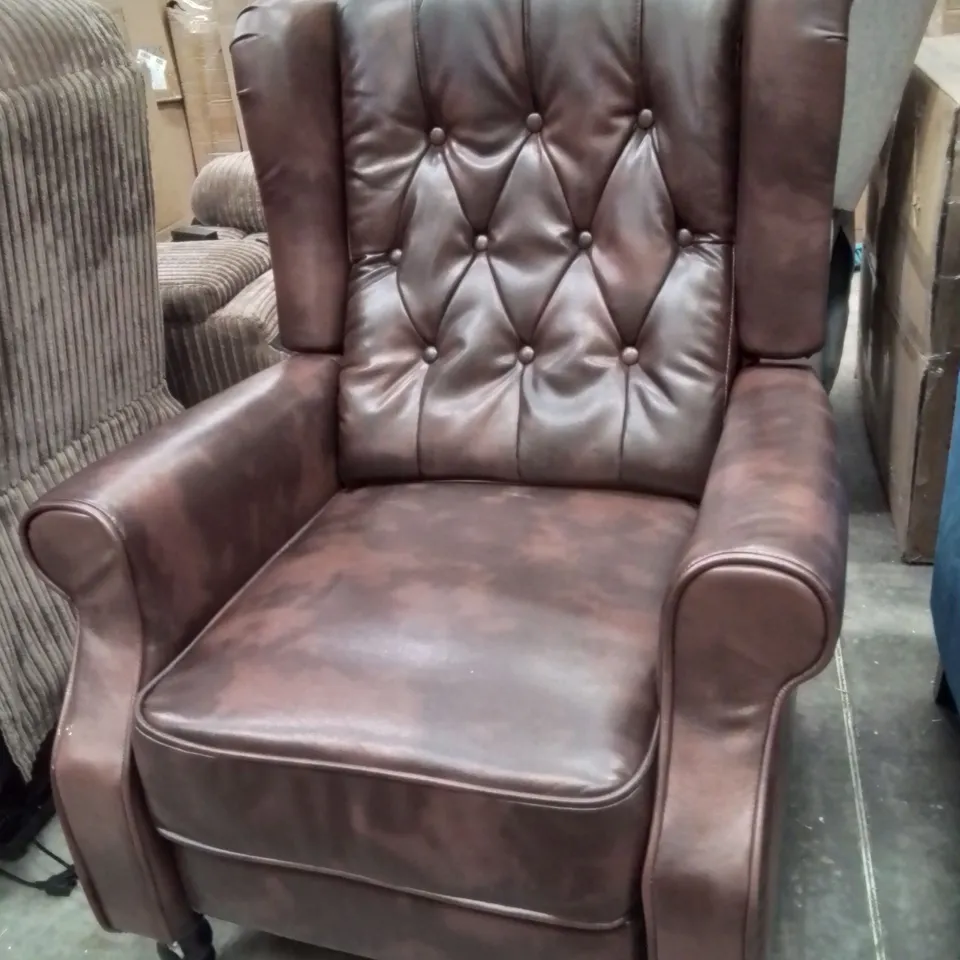 QUALITY DESIGNER BROWN LEATHER BUTTON BACK ARM CHAIR 