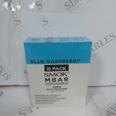 BOX OF APPROXIMATELY 10 BOXES OF BLUE RASPBERRY 10 PACK SMOK M BAR DISPOSABLE 20MG SALT NICOTINE
