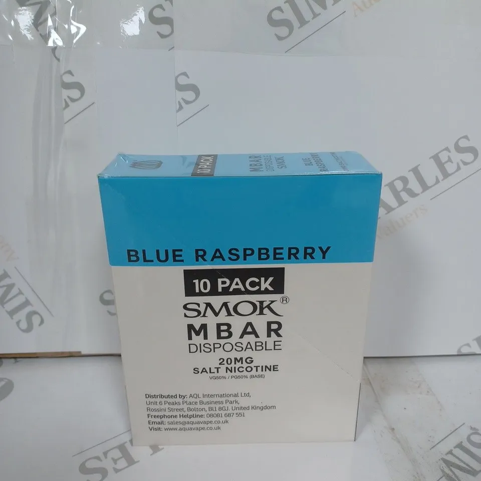 BOX OF APPROXIMATELY 10 BOXES OF BLUE RASPBERRY 10 PACK SMOK M BAR DISPOSABLE 20MG SALT NICOTINE