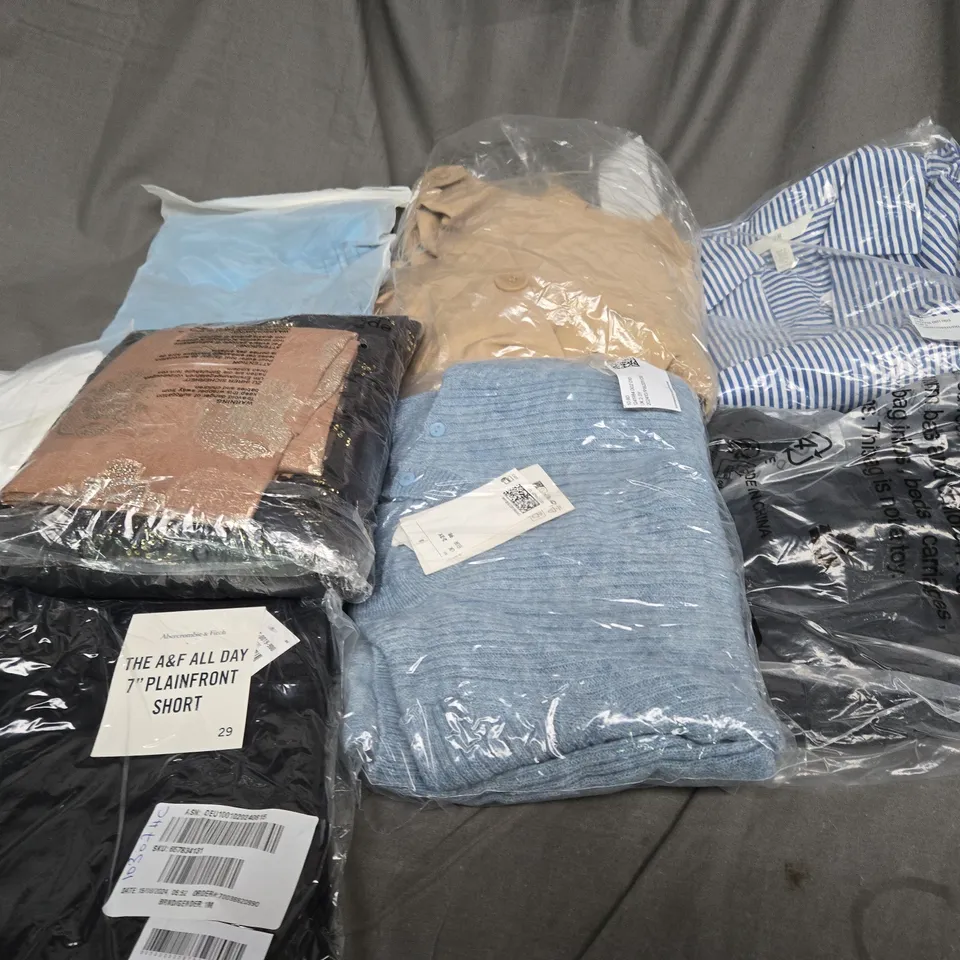 BOX OF ASSORTED CLOTHING ITEMS IN VARIOUS COLOURS, STYLE AND SIZES 