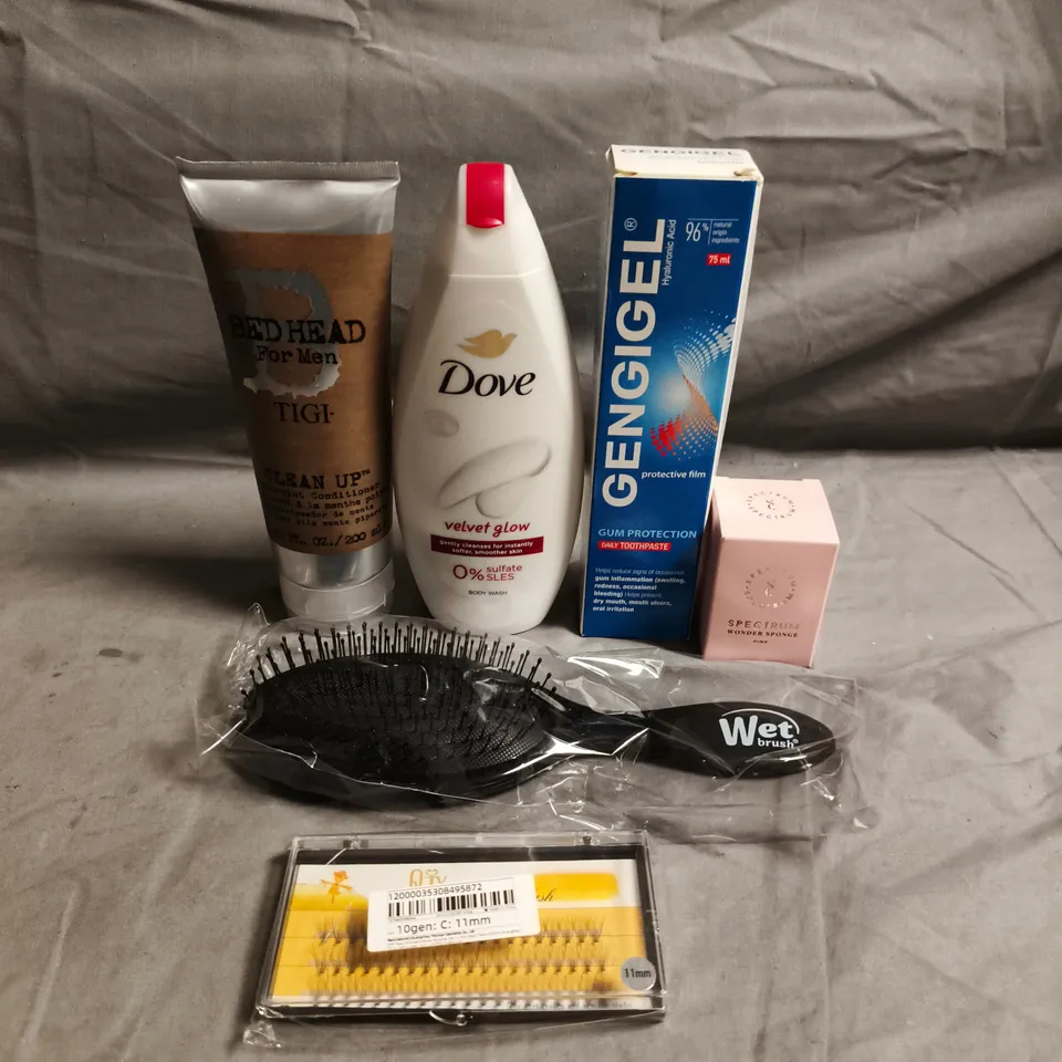 APPROXIMATELY 20 HEALTH AND BEAUTY PRODUCTS TO INCLUDE DOVE VELVET GLOW BODY WASH, GENGIGEL TOOTHPASTE AND BED HEAD FOR MEN PEPPERMINT CONDITIONER