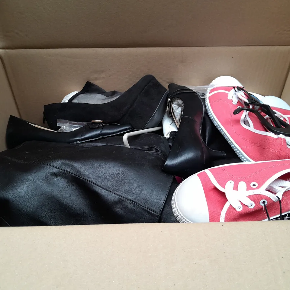 BOX OF APPROXIMATELY 10 ASSORTED PAIRS OF SHOES IN VARIOUS SIZES, COLOURS AND STYLES
