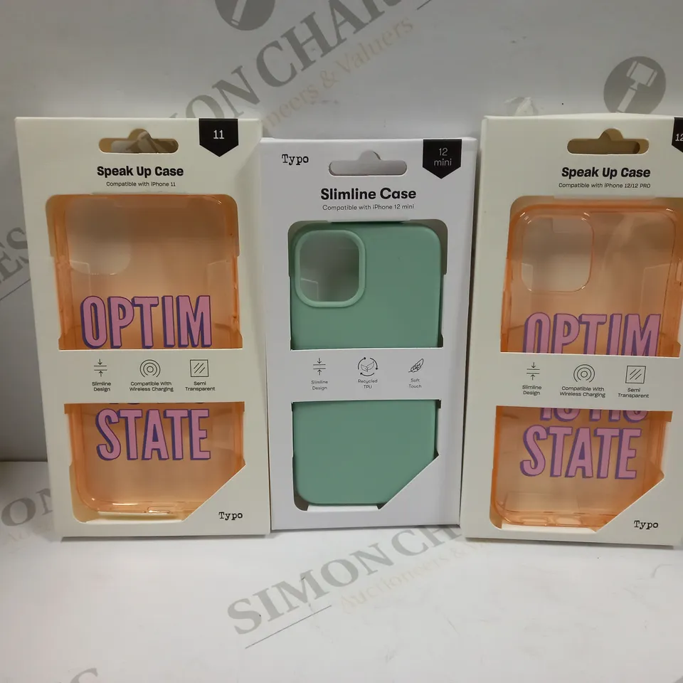 BOX OF APPROXIMATELY 50 TYPO PHONES CASES ('SLIMLINE CASE' & 'SPEAK UP CASE') FOR IPHONE 11, 12 MINI, 12/12PRO IN VARYING COLOURS