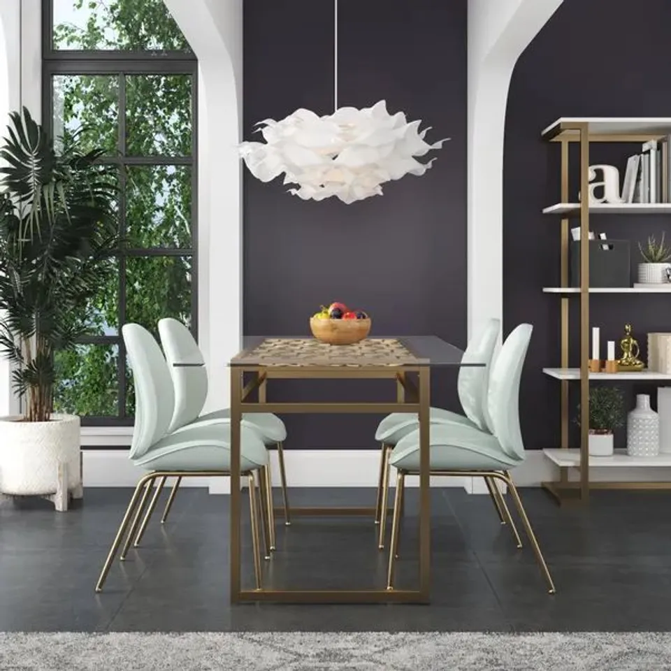 BOXED COSMO LIVING JULIETTE 6 SEATER RECTANGLE DINING TABLE, GLASS TOP & BRASS LEGS (2 BOXES)