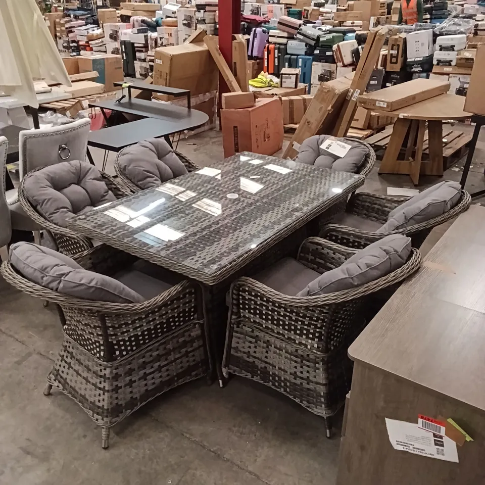 OUTDOOR RATTAN DINING SET WITH A TEMPERED GLASS TABLE TOP (7 PARTS) - GREY