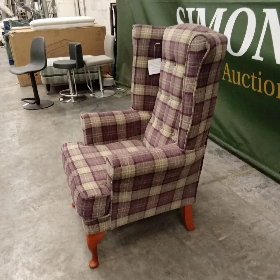 QUALITY DESIGNER CHICHESTER WINGED & BUTTONED HIGH-BACK FABRIC CHAIR