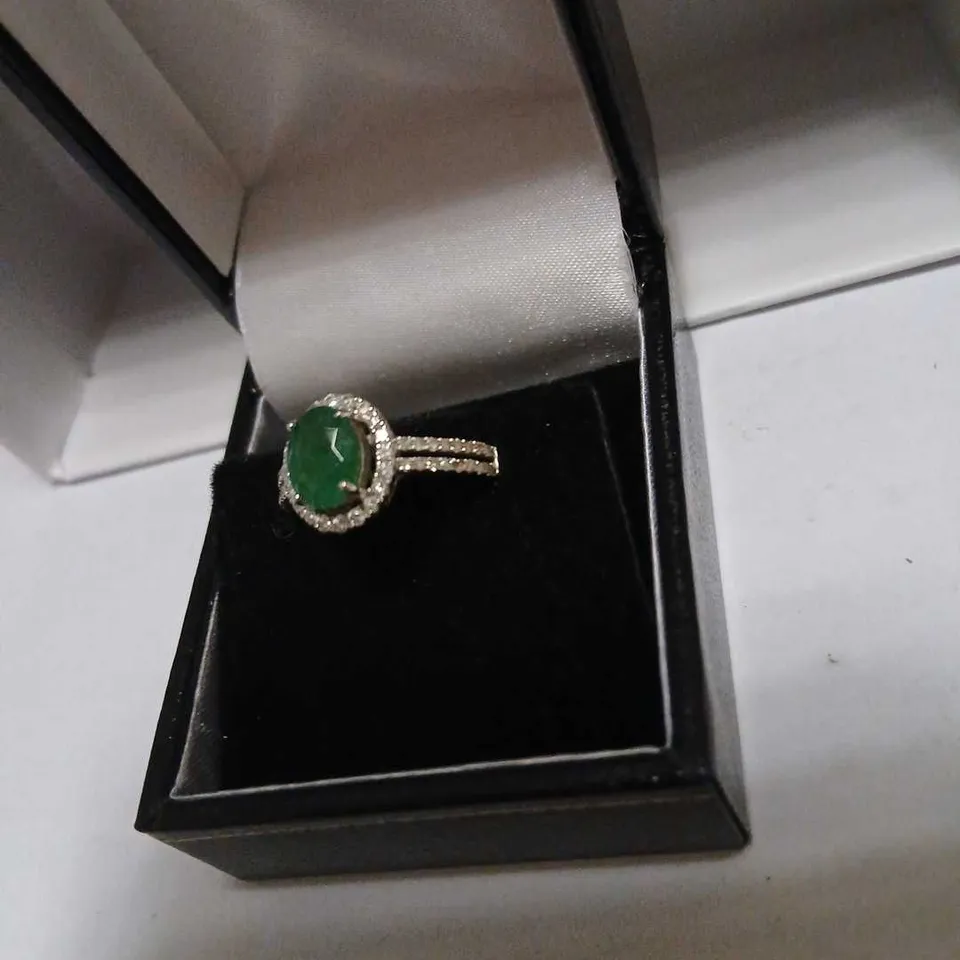 1.00CT ZAMBIAN EMERALD OVAL HALO 0.35CT DIAMOND RING 14CT GOLD