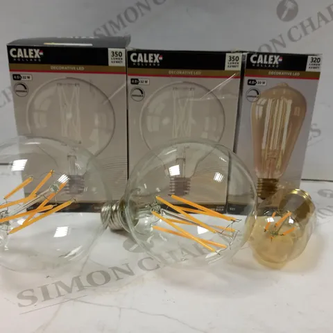BOX OF 3 CALEX HOLLAND BULBS TO INCLUDE 2XE27 CLEAR G95 GLOBE BULB AND E27 GOLD RUSTIC BULB
