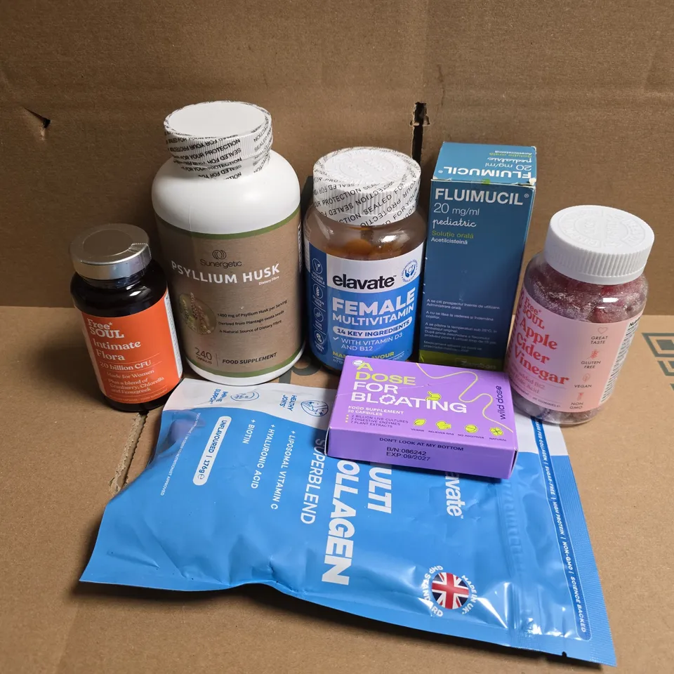 APPROXIMATELY 15 ASSORTED VITAMIN/HEALTH AID PRODUCTS TO INCLUDE APPLE CIDER VINEGAR GUMMIES, ELAVATE FEMALE MULTIVITAMINS, SUNERGETIC PSYLLIUM HUSK , ETC - COLLECTION ONLY