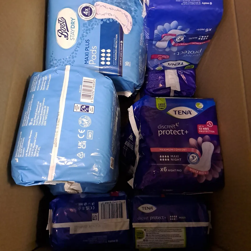 BOX OF APPROXIMATELY 8 ASSORTED SANITARY PRODUCTS TO INCLUDE - BOOTS STAY DRY MAXI PLUS PADS - TENA MAXI NIGHT PADS