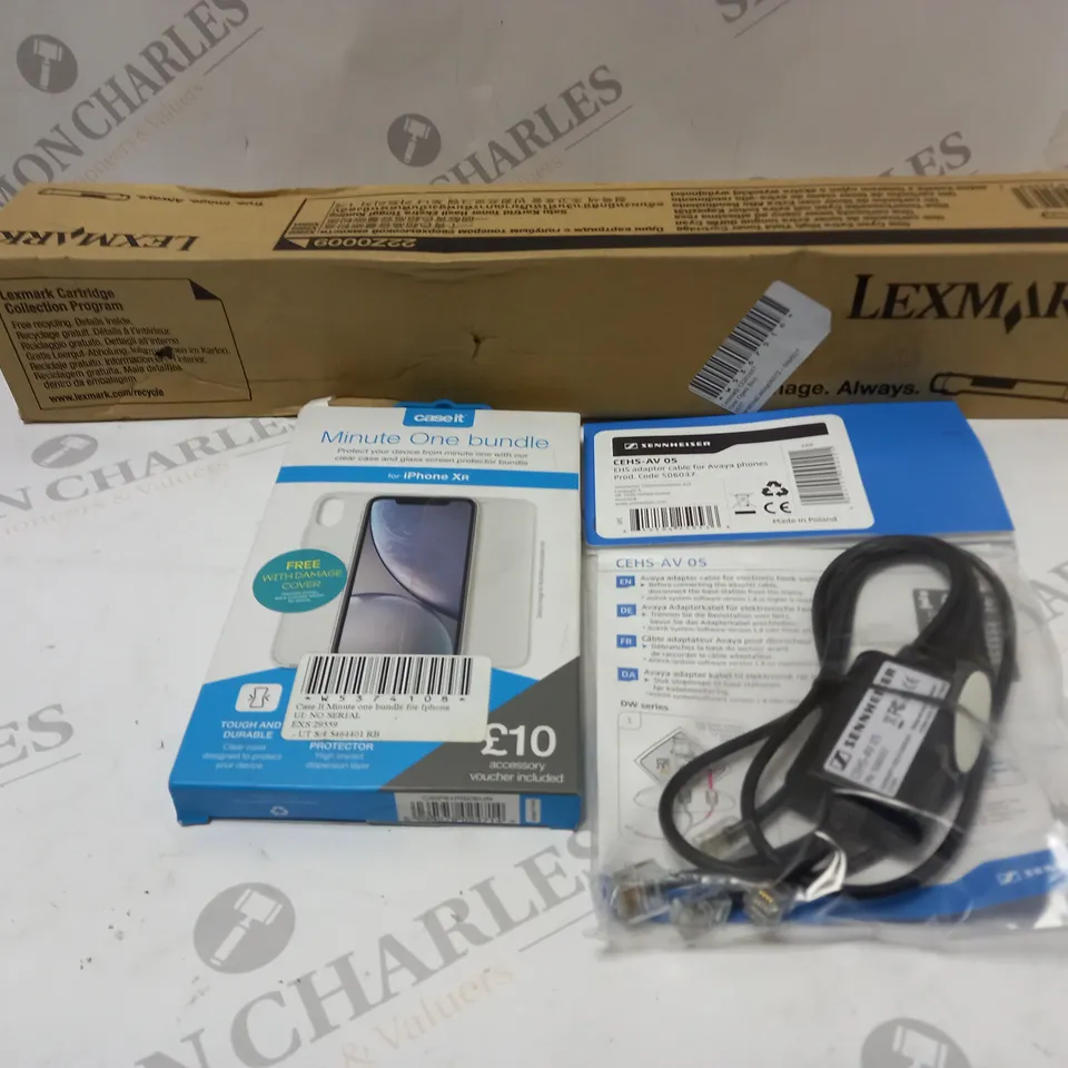APPROXIMATELY 15 ASSORTED ELECTRICAL ITEMS TO INCLUDE SENNHEISER CEHS-AV 05, CASE IT MINUTE ONE CASE, LEXMARK CT201657, ETC