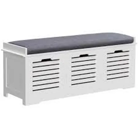 BOXED HOMCOM 3-DOOR SHOE STORAGE BENCH CUSHION SEAT SLATTED DOORS, WHITE (1 BOX)