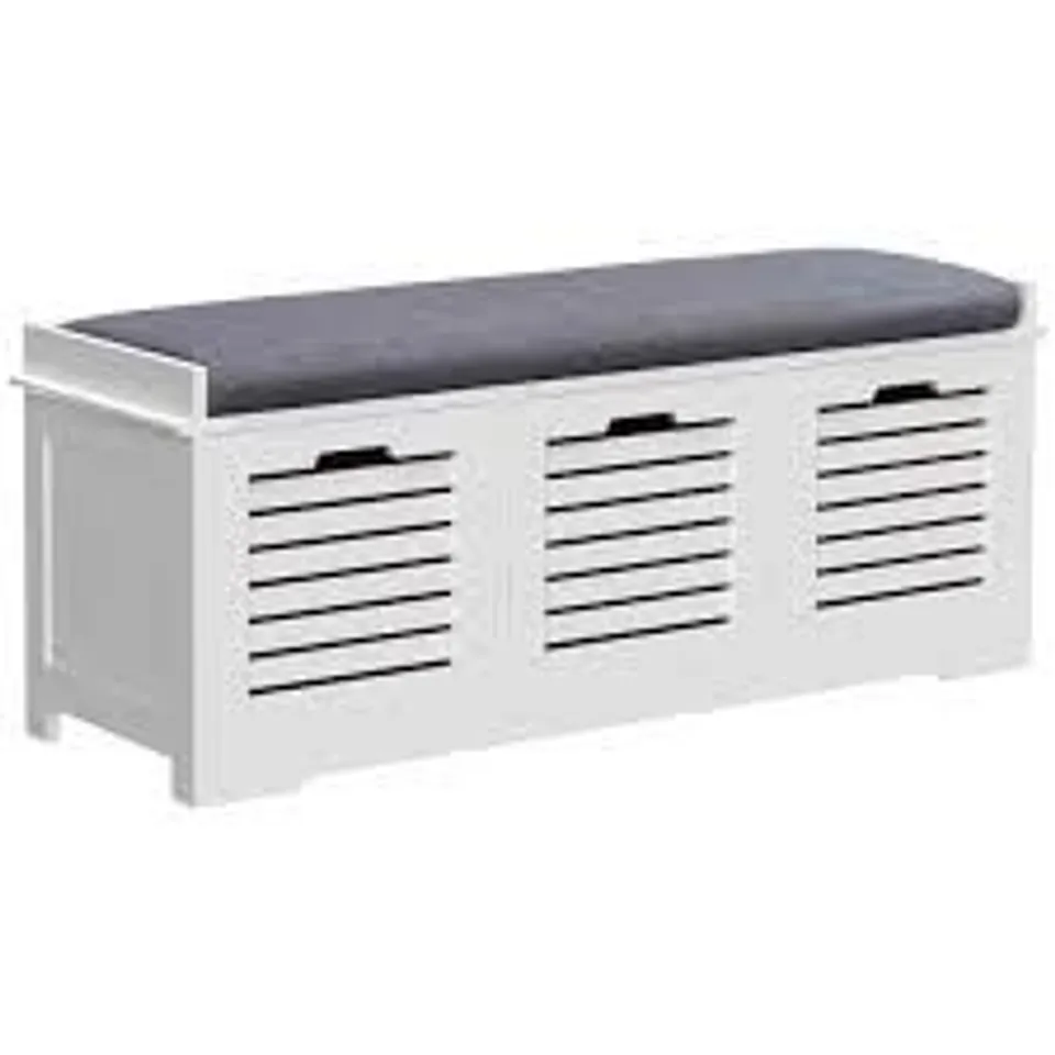 BOXED HOMCOM 3-DOOR SHOE STORAGE BENCH CUSHION SEAT SLATTED DOORS, WHITE (1 BOX)