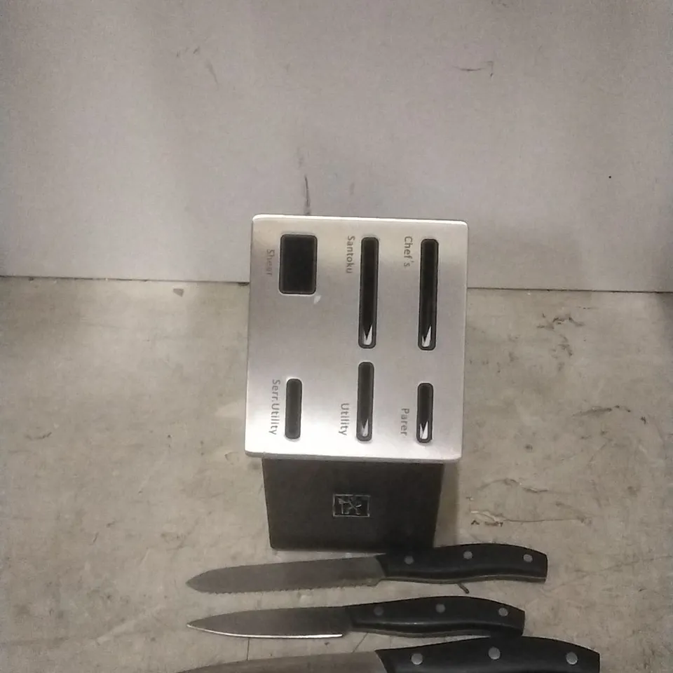 (MISSING SHEAR/SANTOKU) BOXED HENCKLES 7 PIECE KNIFE SET WITH SELF SHARPENING BLOCK 