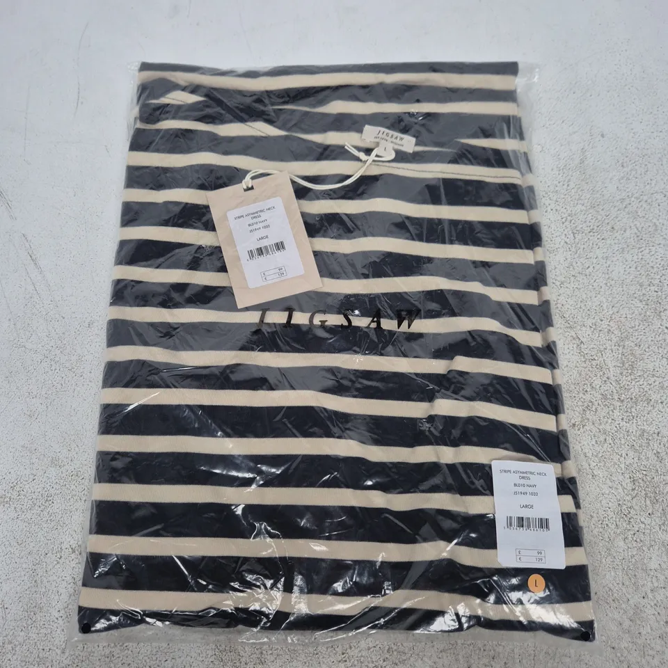 BAGGED JIGSAW STRIPE ASYMMETRIC NECK DRESS – NAVY&CREAM, UK SIZE LARGE