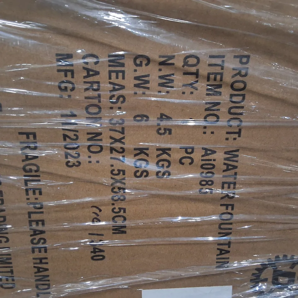 PALLET OF ASSORTED ITEMS TO INCLUDE TRASH CAN,ROTATING ICE BUCKET, BOXED TRAMPOLINE AND WATER FOUNTAIN