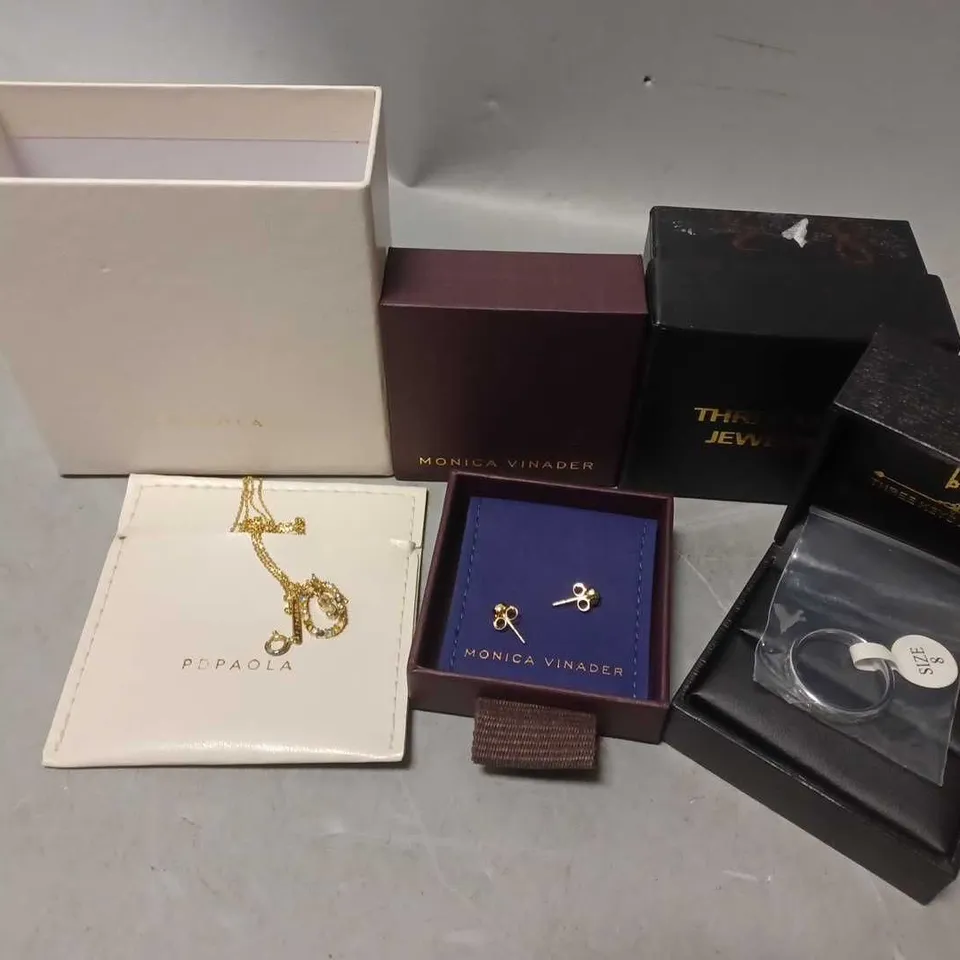 3 BOXED JEWELLERY TO INCLUDE PDPAOLA NECKLACE, MONICA VINADER EARRINGS, THREE KEYS JEWELLERY TUNGSTEN RING 