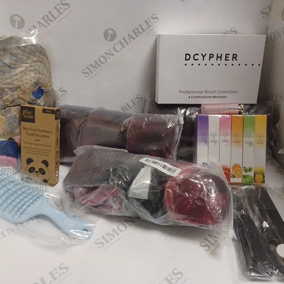 APPROXIMATELY 10 ASSORTED HEALTH AND BEAUTY ITEMS INCLUDING WIGS, SCENTS, PROFESSIONAL BRUSH COLLECTION