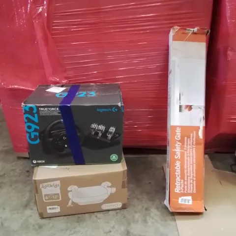 PALLET OF ASSORTED HOUSEHOLD GOODS AND PRODUCTS TO INCLUDE;LOGITECH G23,BOOSTER SEAT,RETRACTABLE SAFETY GATE