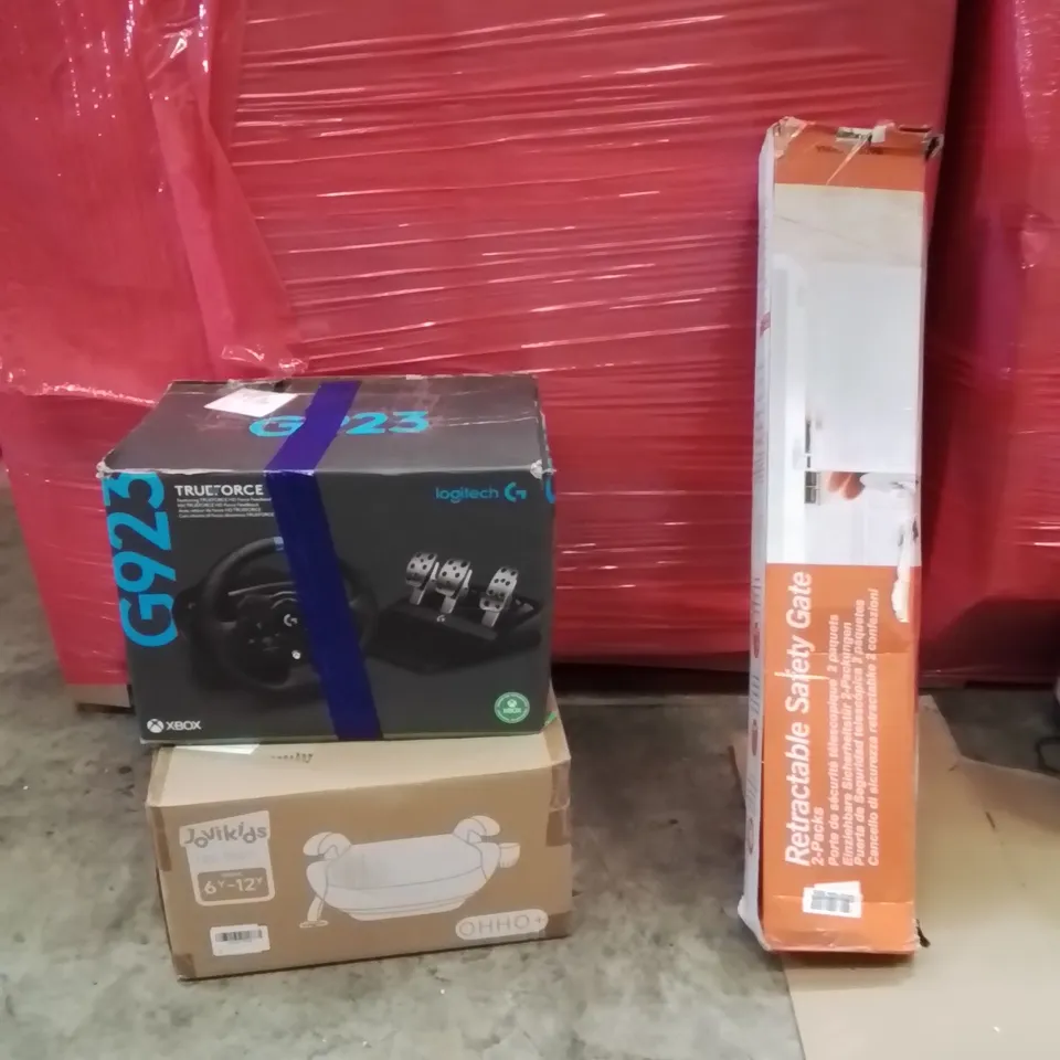 PALLET OF ASSORTED HOUSEHOLD GOODS AND PRODUCTS TO INCLUDE;LOGITECH G23,BOOSTER SEAT,RETRACTABLE SAFETY GATE 