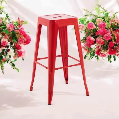 SET OF 3 MSL 76CM RED METAL BAR STOOLS