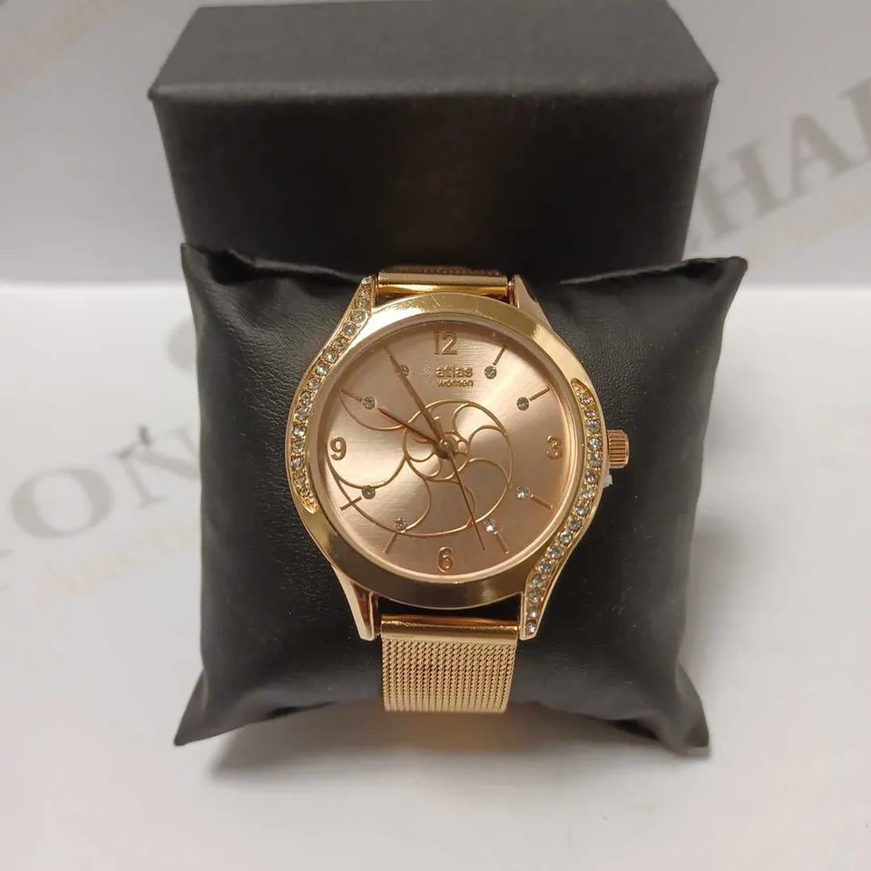 ATLAS WOMEN'S ROSE GOLD DIAMANTE MESH STRAP WRISTWATCH 