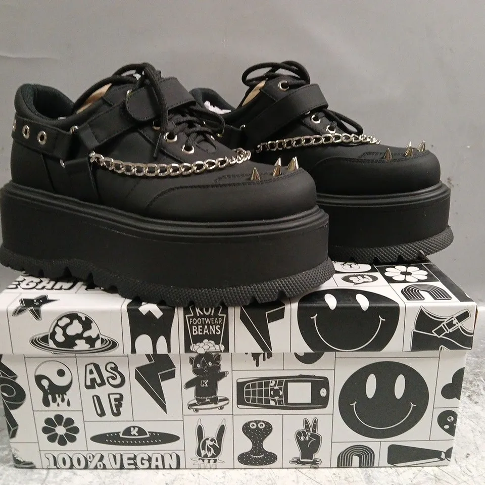 BOXED PAIR OF KOI RETROGRADE REBEL PLATFORM SHOES IN BLACK SIZE UK 3