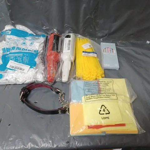 BOX OF APPROXIMATELY 20 ASSORTED HOUSEHOLD ITEMS TO INCLUDE PET BRUSHES, COLLAR AND STATIONARY