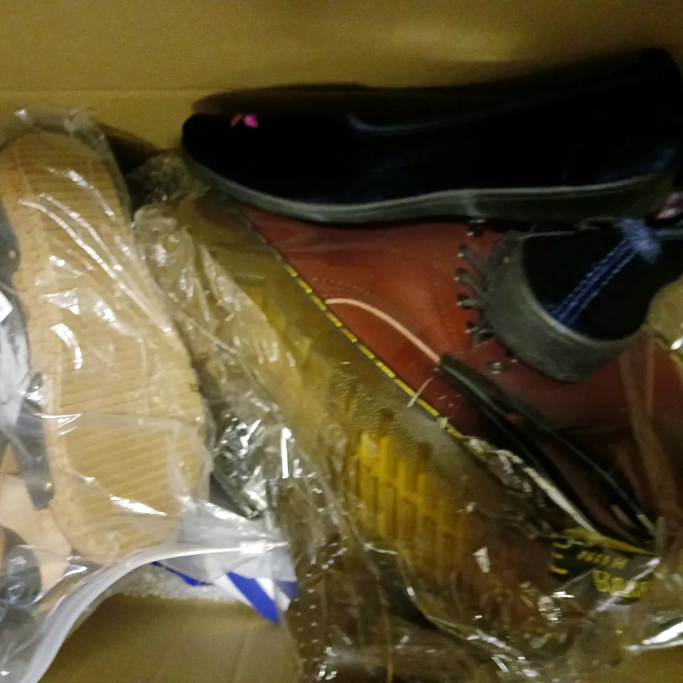 BOX OF APPROX 10 PAIRS OF ASSORTED SHOES IN VARIOUS STYLES, COLOURS AND SIZES