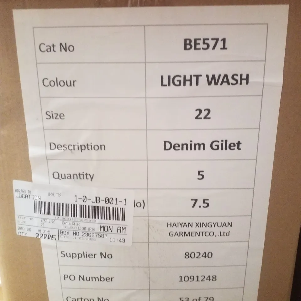 BOX CONTAINING APPROXIMATELY 5 BRAND NEW SIMPLY BE BLUE REGULAR SLEEVELESS DENIM GILETS - SIZE 22