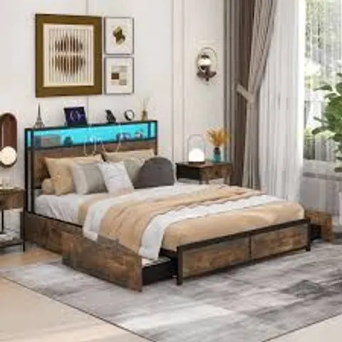 BOXED KING BED METAL FRAME W/ LED &  & DRAWERS CHARGING STATION NO BOX SPRING NEEDED (1 BOX)