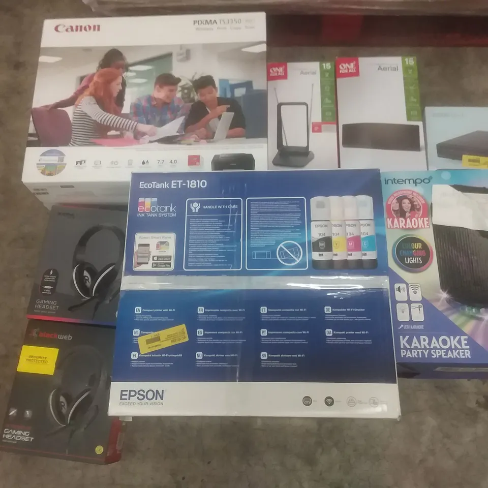 PALLET OF LARGE AMOUNT OF ASSORTED PRODUCTS TO INCLUDE PRINTERS, GAMING HEADSETS, AND AERIALS ETC.