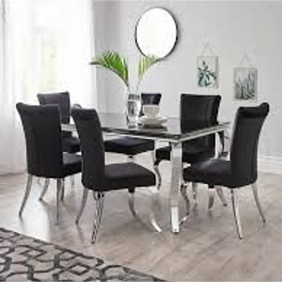 BOXED GRACE 160cm RECTANGLE DINING TABLE + 6 CHAIRS - BLACK/CHROME (4 BOXES) RRP £1199