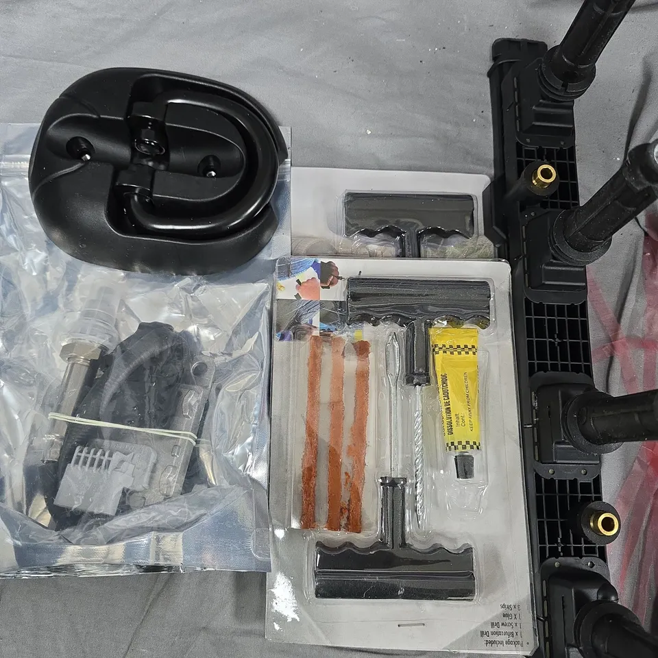 BOX OF ASSORTED CAR PARTS TO INCLUDE - STEERING NECK - BRAKE PADS - TYRE REPAIR KIT 
